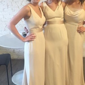 long v neck crepe gown with open back